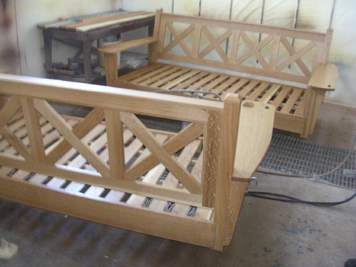 White Oak Hanging Futon Day Bed in the works by Nolan Wallenfang Custom Woodwork, Green Lake Wisconsin WI